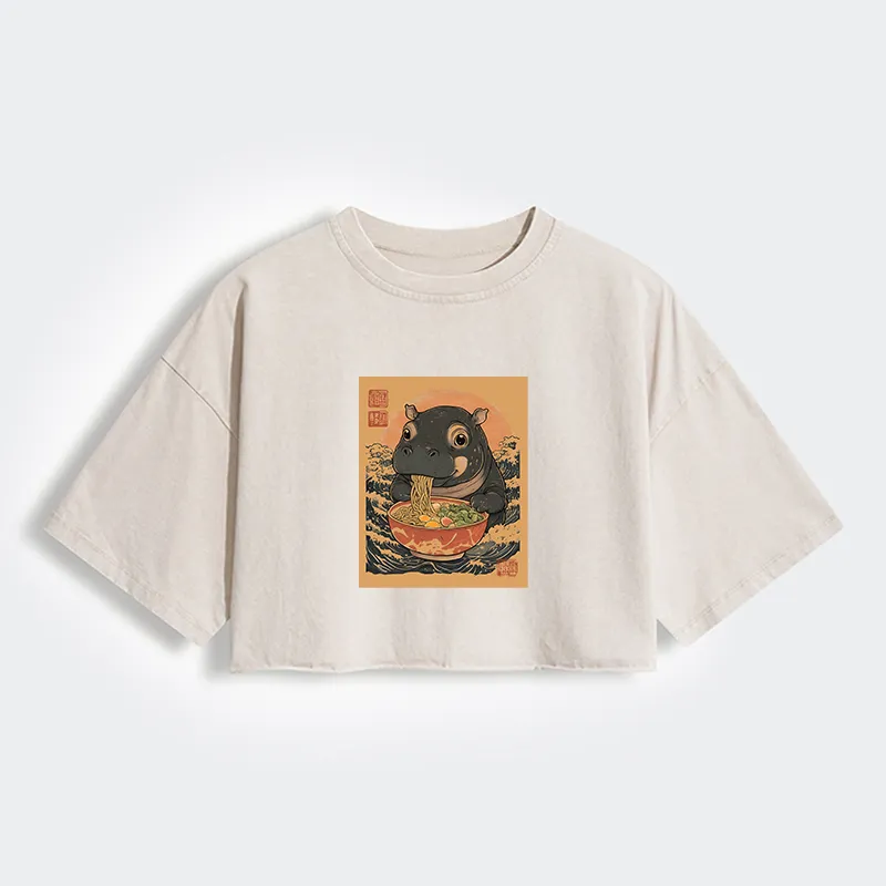 Tokyo-Tiger Moo Deng Eat Ramen Women's Washed Crop T-Shirt