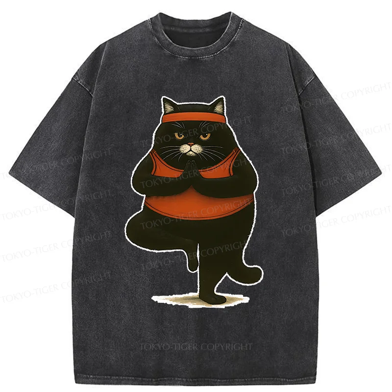 Tokyo-Tiger Black Cat Doing Yoga Washed T-Shirt
