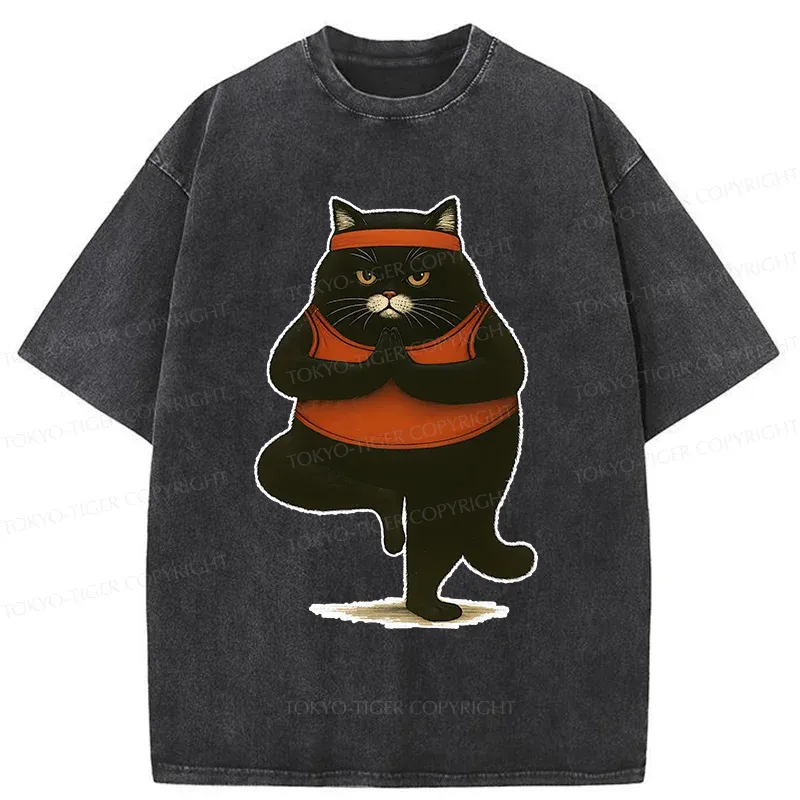 Tokyo-Tiger Black Cat Doing Yoga Washed T-Shirt