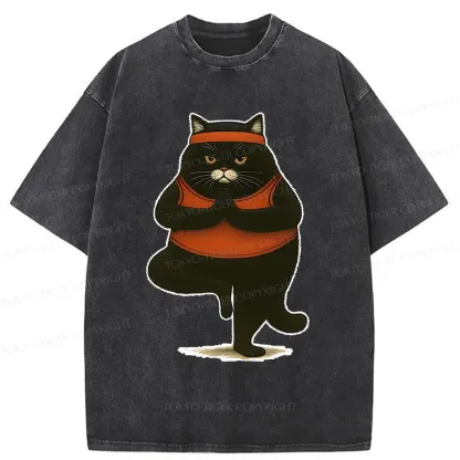 Tokyo-Tiger Black Cat Doing Yoga Washed T-Shirt