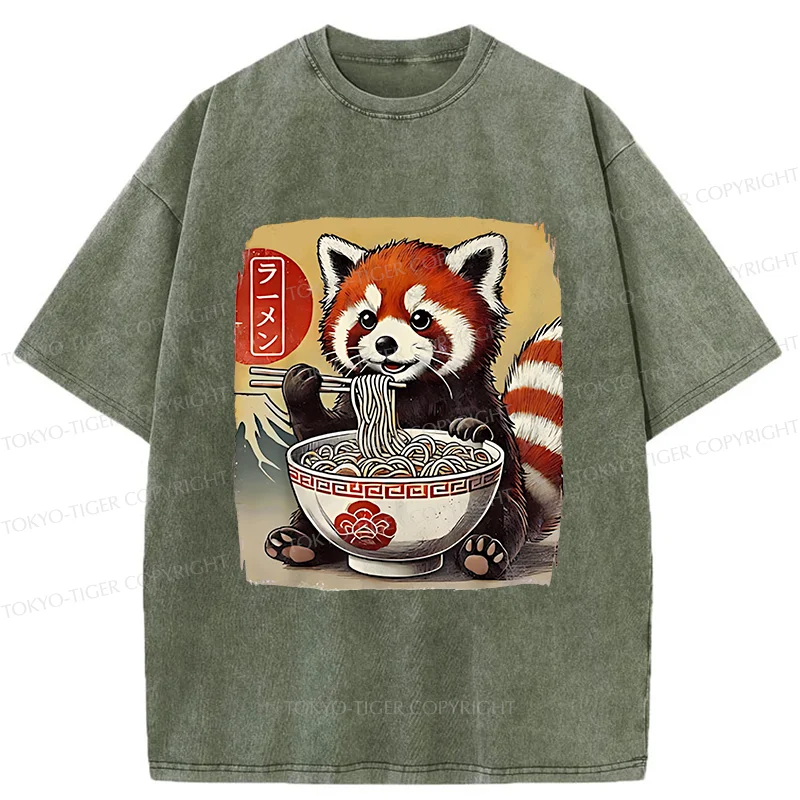 Tokyo-Tiger Cute Raccoon Eating Ramen Washed T-Shirt