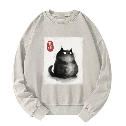 Tokyo-Tiger Auspicious Fluffy Black Cat Ink Painting Washed Sweatshirt