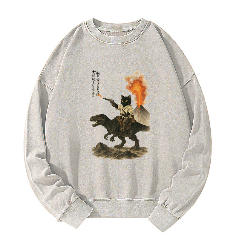 Tokyo-Tiger Cat Riding A Dinosaur Washed Sweatshirt