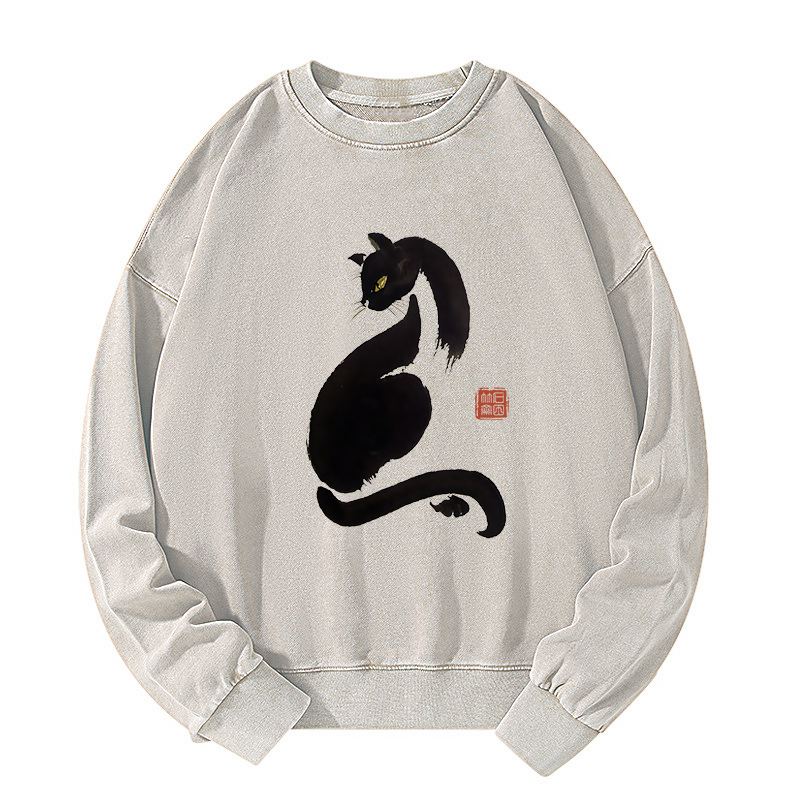 Tokyo-Tiger Elegant Black Cat Japan Washed Sweatshirt