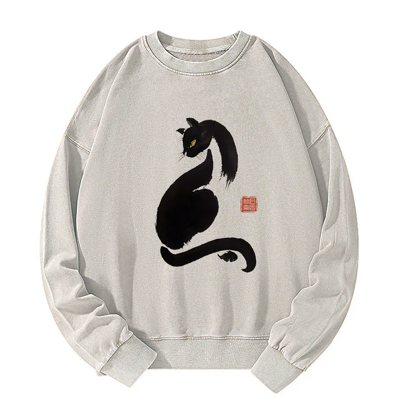 Tokyo-Tiger Elegant Black Cat Japan Washed Sweatshirt