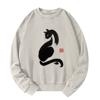 Tokyo-Tiger Elegant Black Cat Japan Washed Sweatshirt