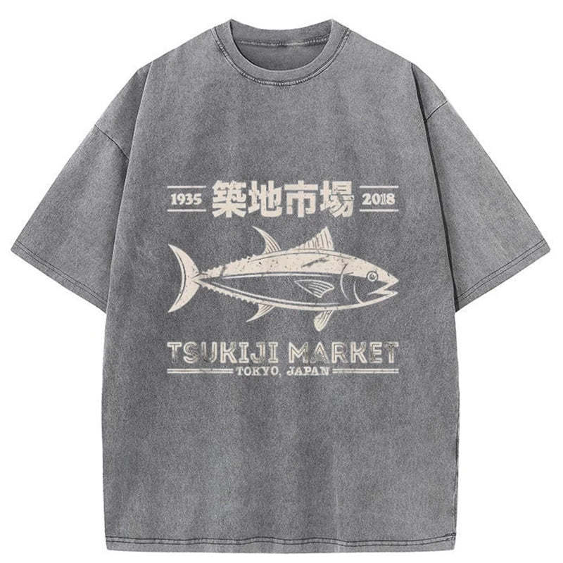 Tokyo-Tiger Retro Tsukiji Fish Market Streetwear Tokyo Washed T-Shirt