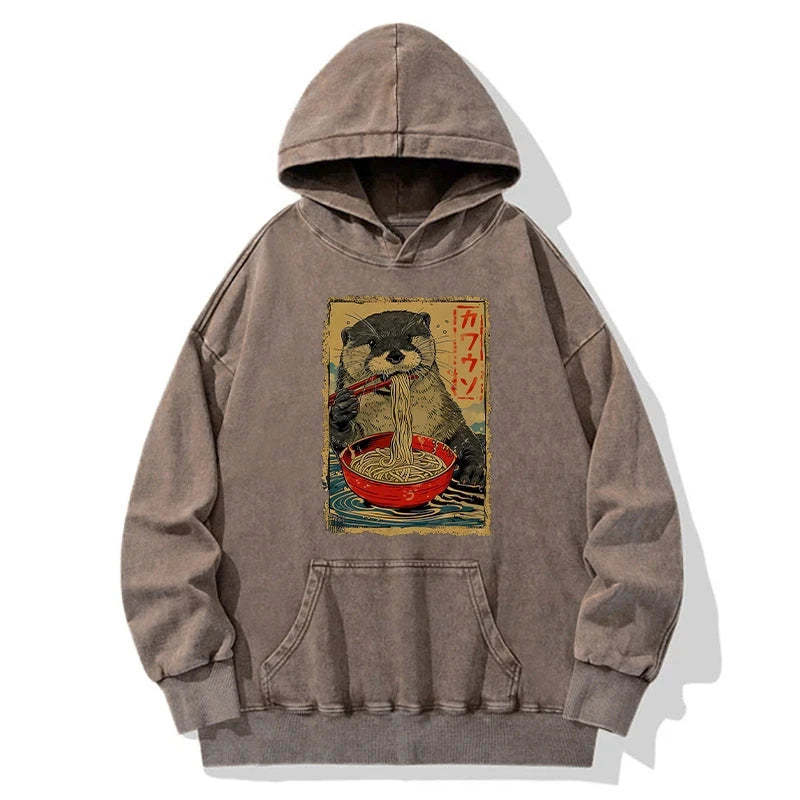 Tokyo-Tiger Otter Eating Ramen Japan Washed Hoodie