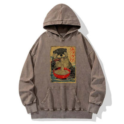 Tokyo-Tiger Otter Eating Ramen Japan Washed Hoodie