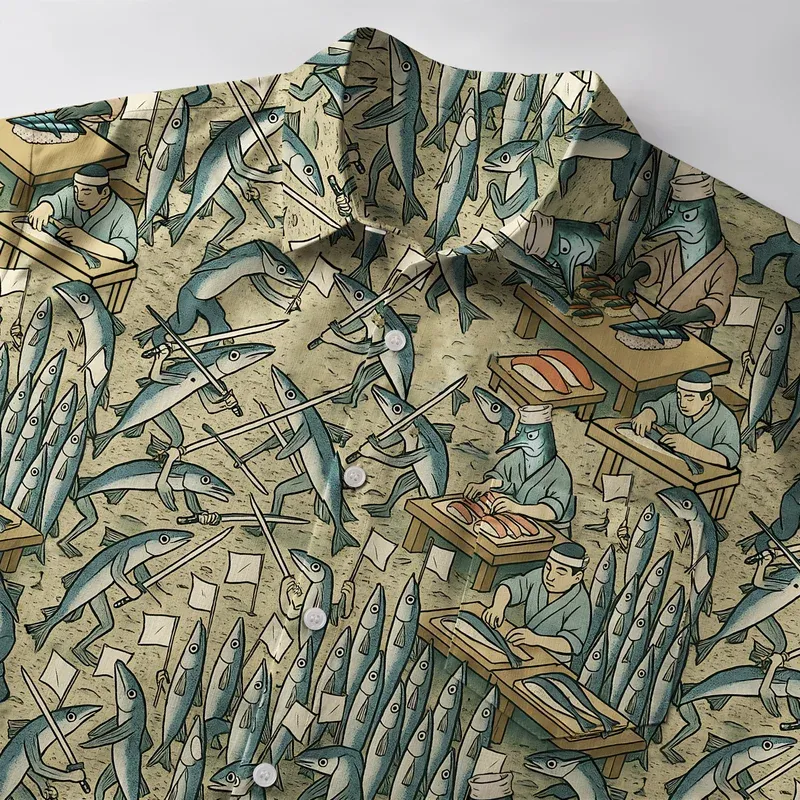 Tokyo-Tiger Funny Sushi Making Button-up Shirt