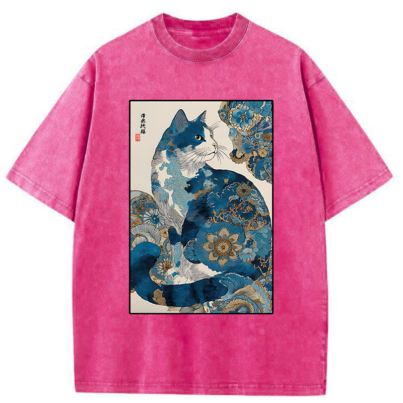 Tokyo-Tiger Japanese Ukiyo-e Flowers Cat Washed T-Shirt