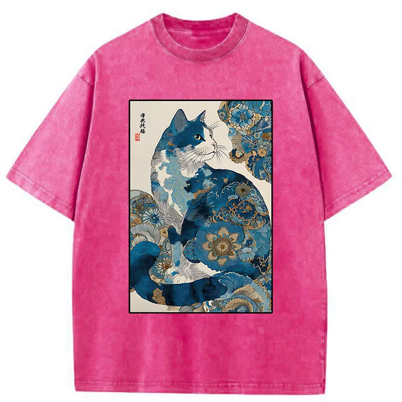 Tokyo-Tiger Japanese Ukiyo-e Flowers Cat Washed T-Shirt