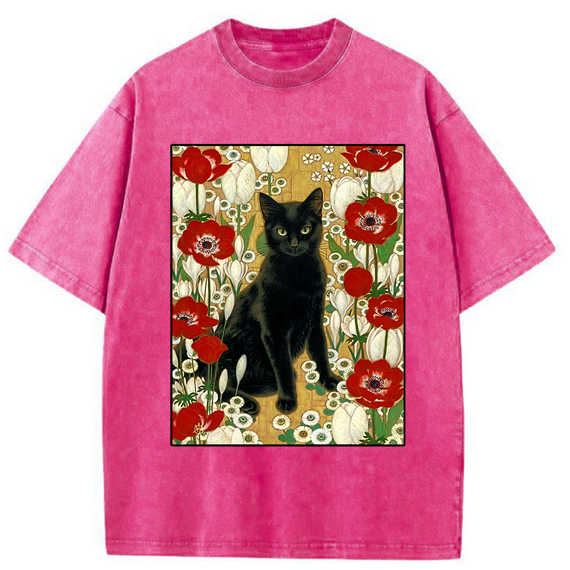 Tokyo-Tiger Black Cat In The Garden Washed T-Shirt