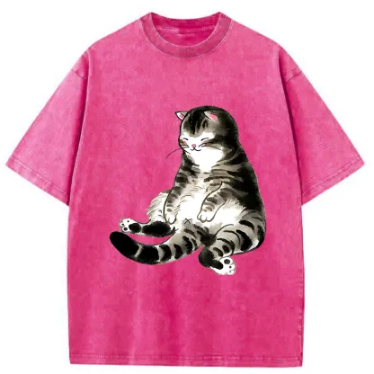 Tokyo-Tiger Ink Painting Cute Cat Washed T-Shirt