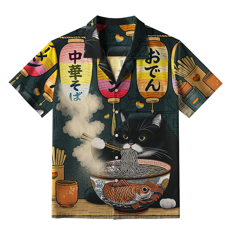 Tokyo-Tiger Pride Fat Cat Eating Ramen Aloha Hawaiian Shirt