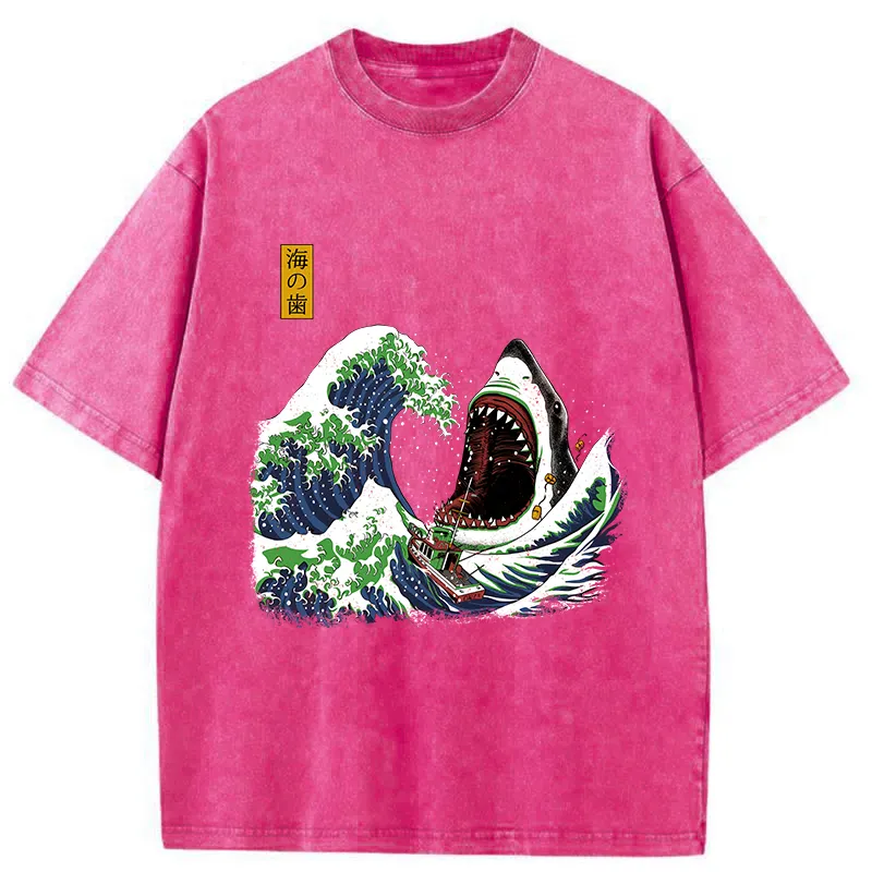 Tokyo-Tiger The Great Wave Ukiyoe Shark Washed T-Shirt