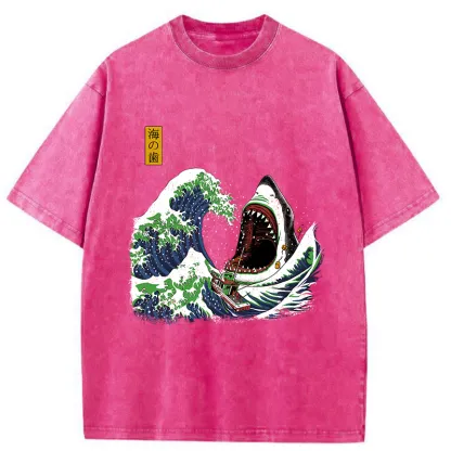 Tokyo-Tiger The Great Wave Ukiyoe Shark Washed T-Shirt
