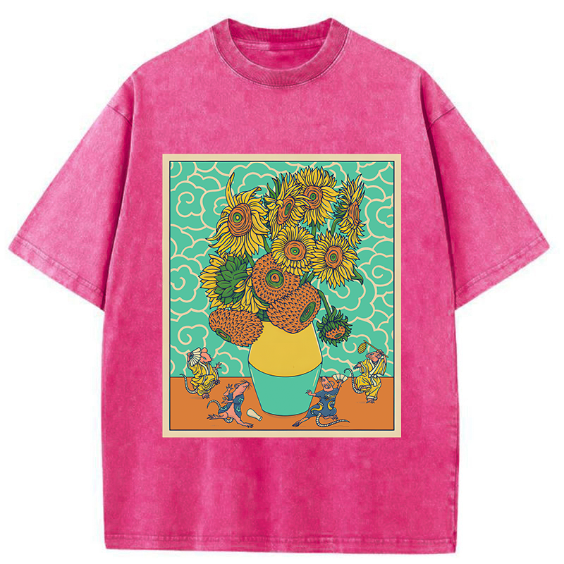 Tokyo-Tiger Japanese Mouse Dancing Sunflower Washed T-Shirt