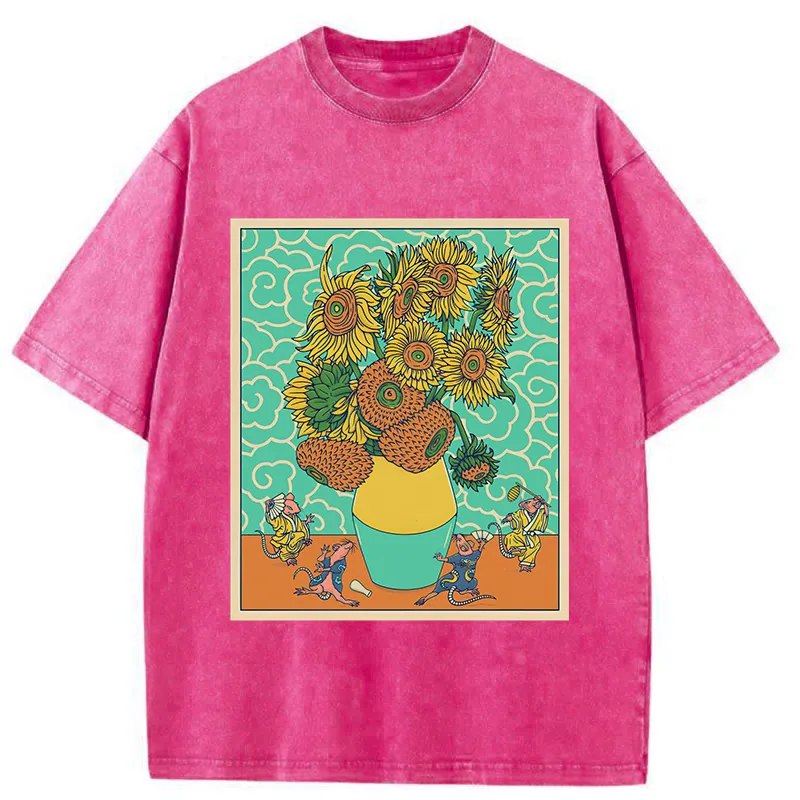 Tokyo-Tiger Japanese Mouse Dancing Sunflower Washed T-Shirt