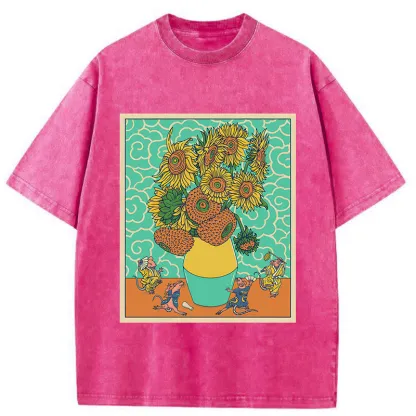 Tokyo-Tiger Japanese Mouse Dancing Sunflower Washed T-Shirt