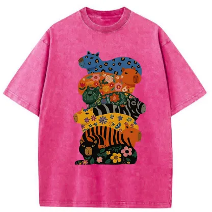 Tokyo-Tiger Cute Colorful Capybaras Washed T-Shirt