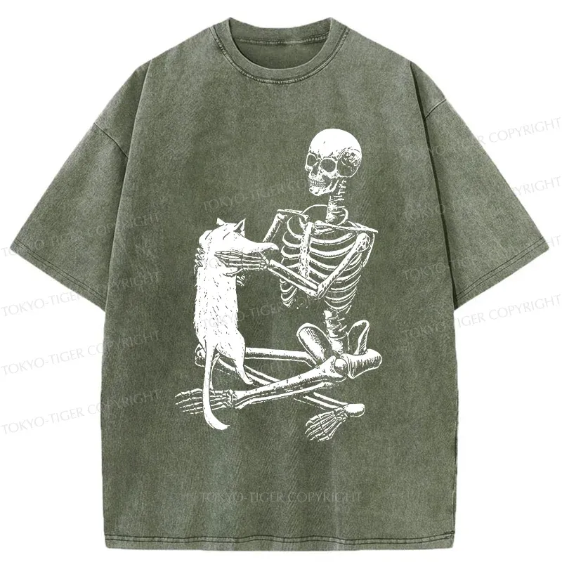 Tokyo-Tiger Skeleton And His Cat Washed T-Shirt