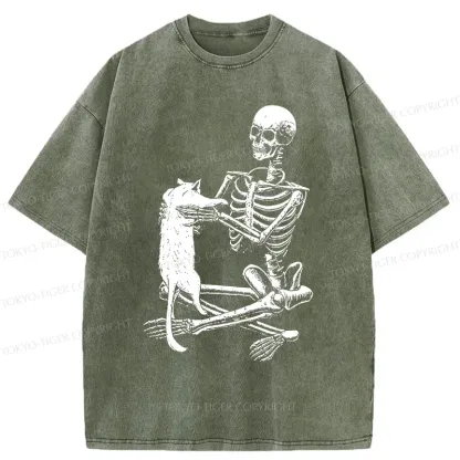 Tokyo-Tiger Skeleton And His Cat Washed T-Shirt