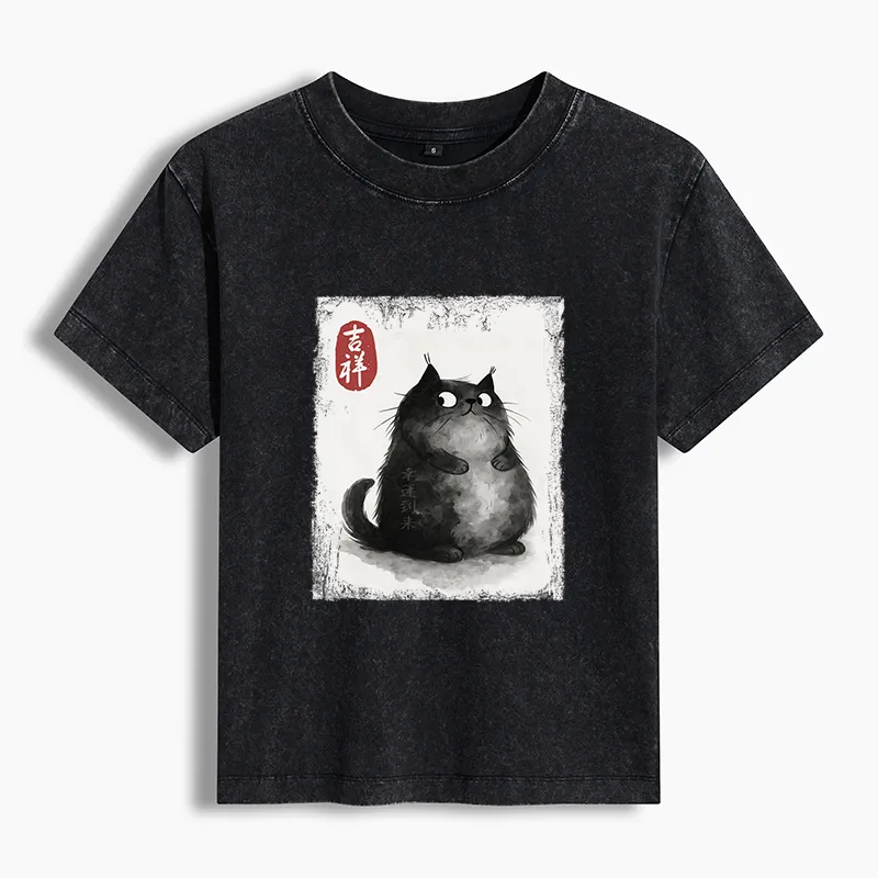 Tokyo-Tiger Auspicious Fluffy Black Cat Ink Painting Women's Washed T-shirt