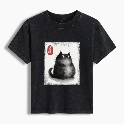 Tokyo-Tiger Auspicious Fluffy Black Cat Ink Painting Women's Washed T-shirt