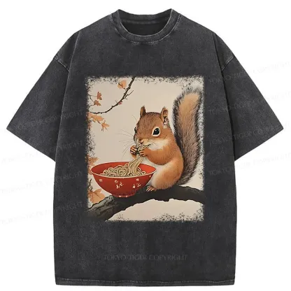 Tokyo-Tiger Squirrel Eating Ramen Washed T-Shirt