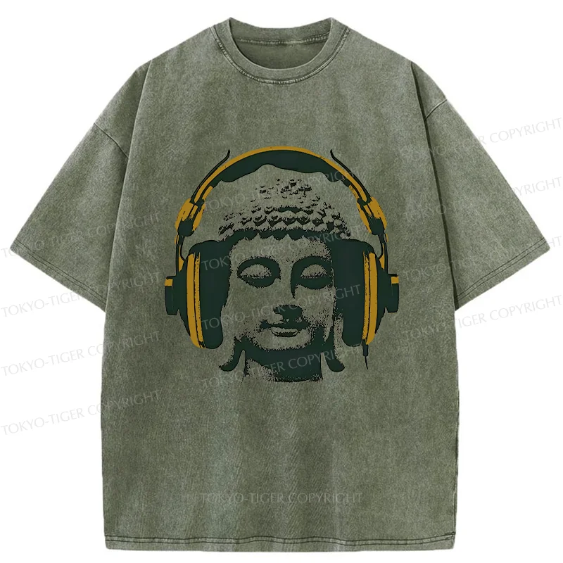 Tokyo-Tiger Buddha Listening To Music Washed T-Shirt