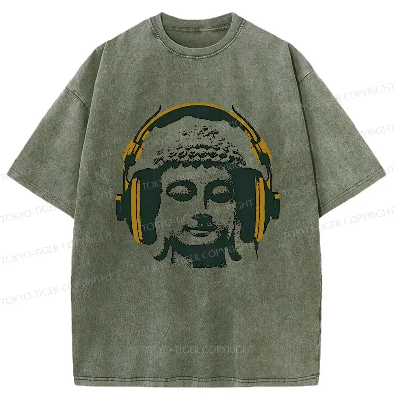 Tokyo-Tiger Buddha Listening To Music Washed T-Shirt Sale