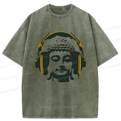 Tokyo-Tiger Buddha Listening To Music Washed T-Shirt