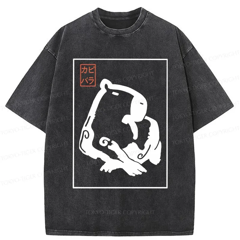 Tokyo-Tiger Woodblock Print Capybara Washed T-Shirt Sale