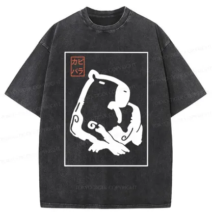 Tokyo-Tiger Woodblock Print Capybara Washed T-Shirt