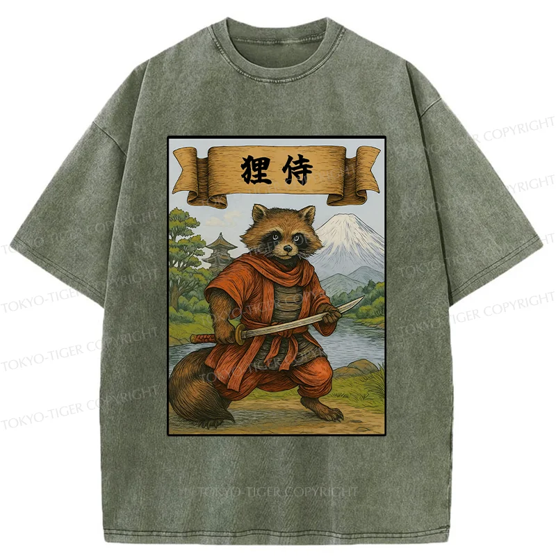Tokyo-Tiger Raccoon Samurai Japan Washed T-Shirt