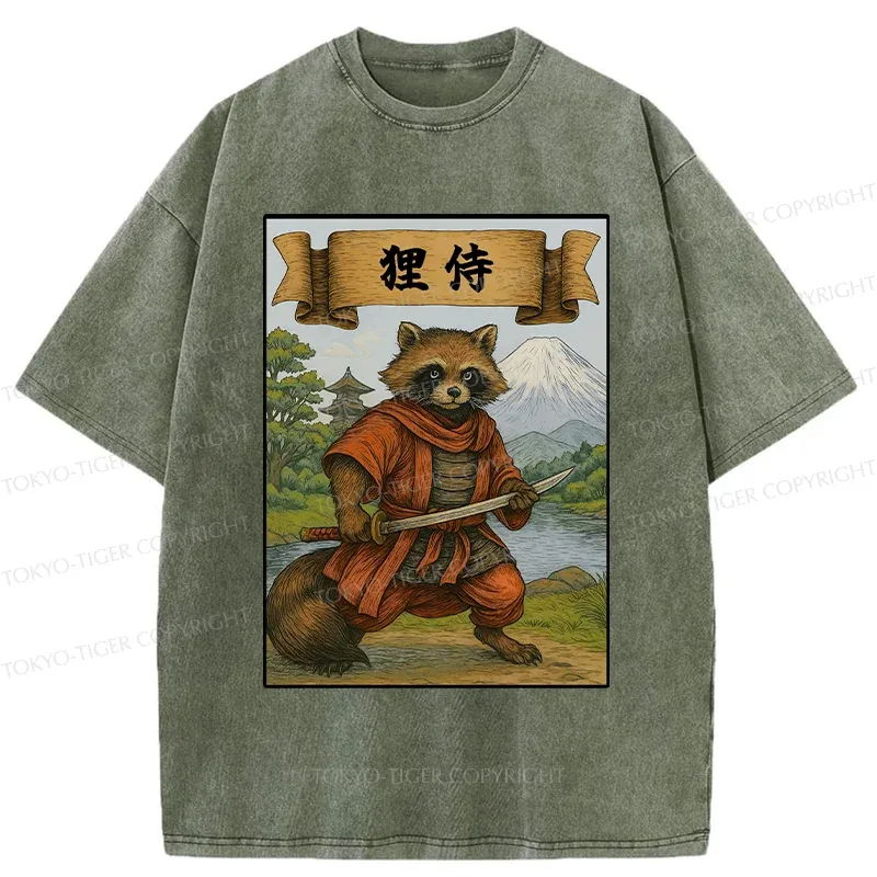 Tokyo-Tiger Raccoon Samurai Japan Washed T-Shirt