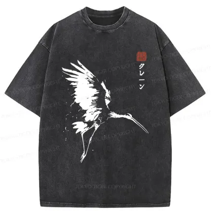 Tokyo-Tiger Japanese Crane Ink Painting Washed T-Shirt
