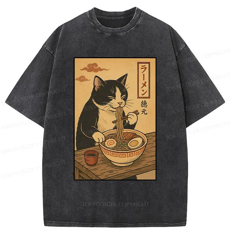 Tokyo-Tiger Tuxedo Cat Eats Ramen Washed T-Shirt