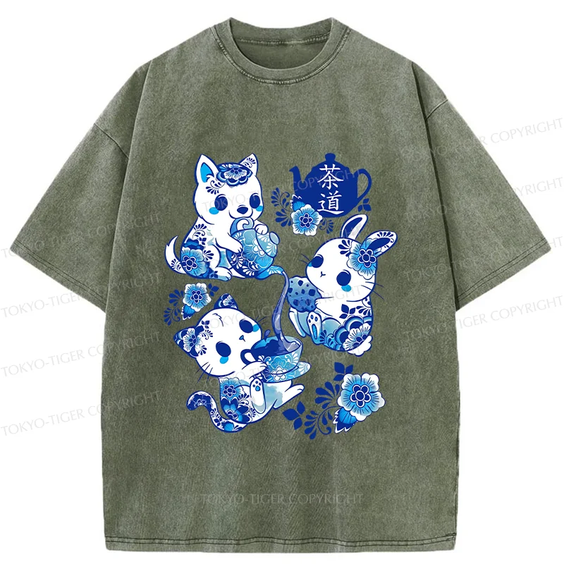 Tokyo-Tiger Blue And White Porcelain Washed T-Shirt