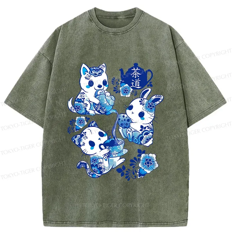 Tokyo-Tiger Blue And White Porcelain Washed T-Shirt
