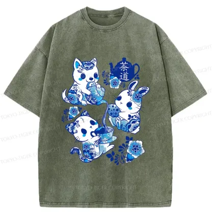 Tokyo-Tiger Blue And White Porcelain Washed T-Shirt