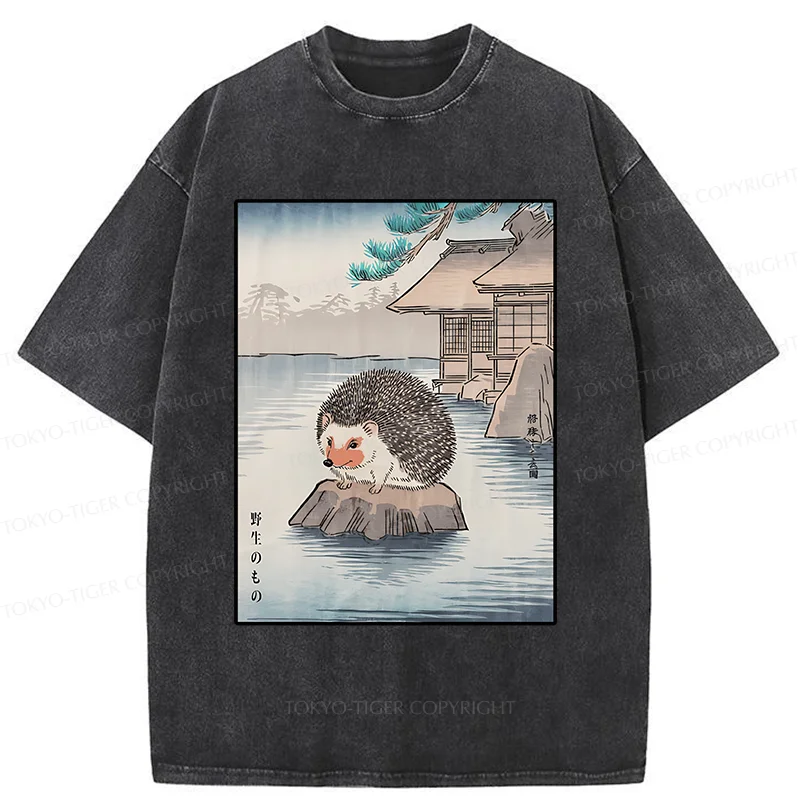 Tokyo-Tiger Hedgehog Taking A Hot Spring Bath Washed T-Shirt