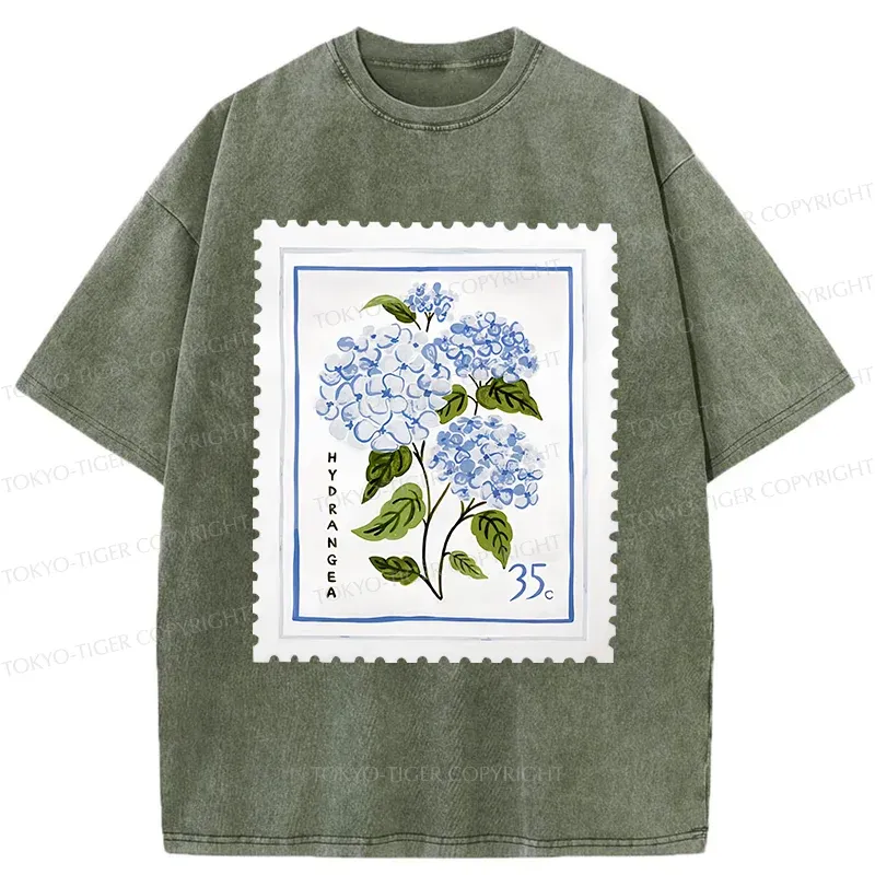 Tokyo-Tiger Hydrangea Stamp Washed T-Shirt