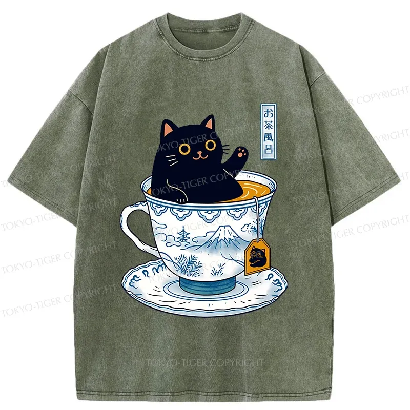 Tokyo-Tiger Cat In Teacup Washed T-Shirt