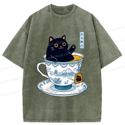 Tokyo-Tiger Cat In Teacup Washed T-Shirt