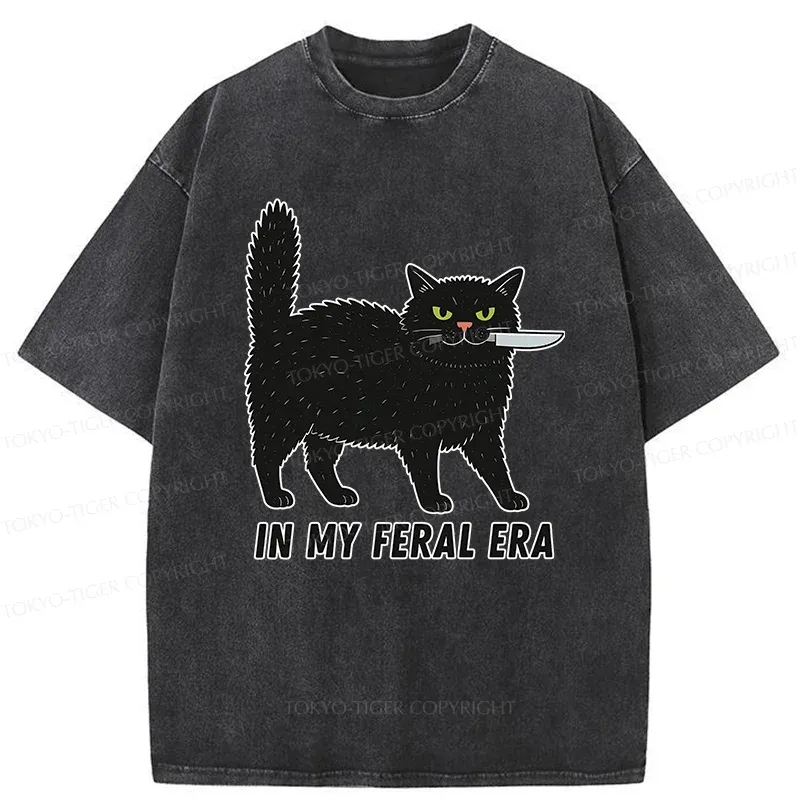 Tokyo-Tiger Black Cat With A Knife Washed T-Shirt