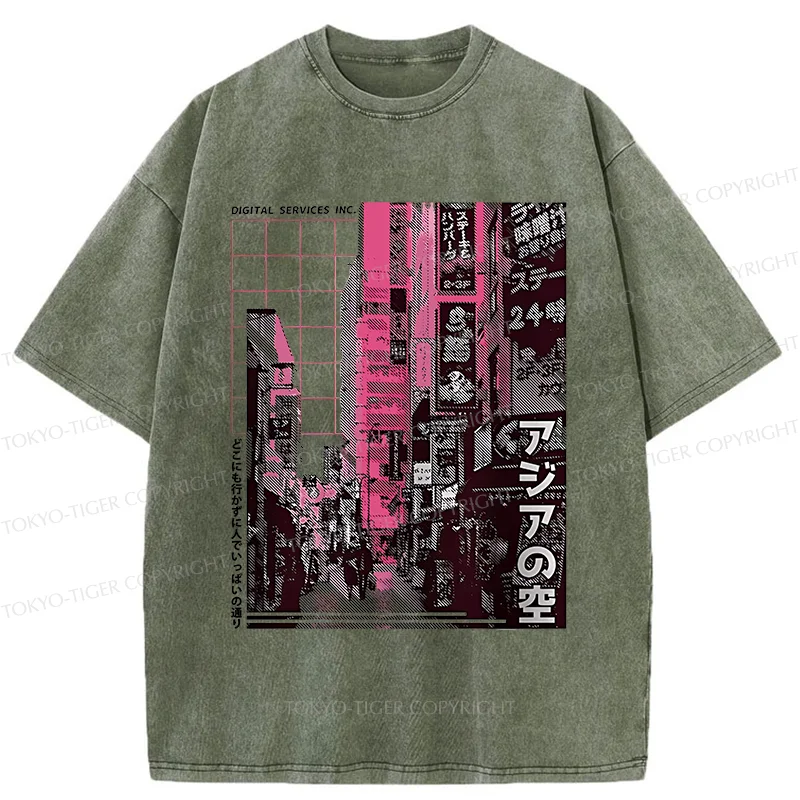 Tokyo-Tiger Tokyo Street Scene Washed T-Shirt