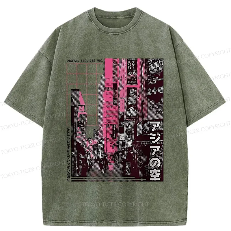 Tokyo-Tiger Tokyo Street Scene Washed T-Shirt