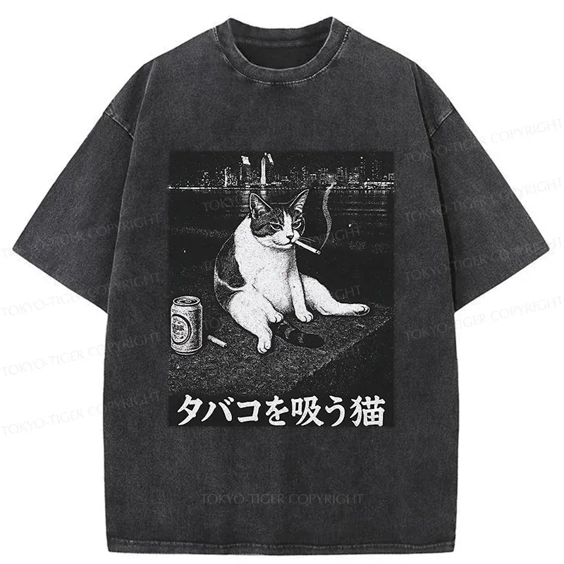 Tokyo-Tiger Smoking Cat Funny Washed T-Shirt